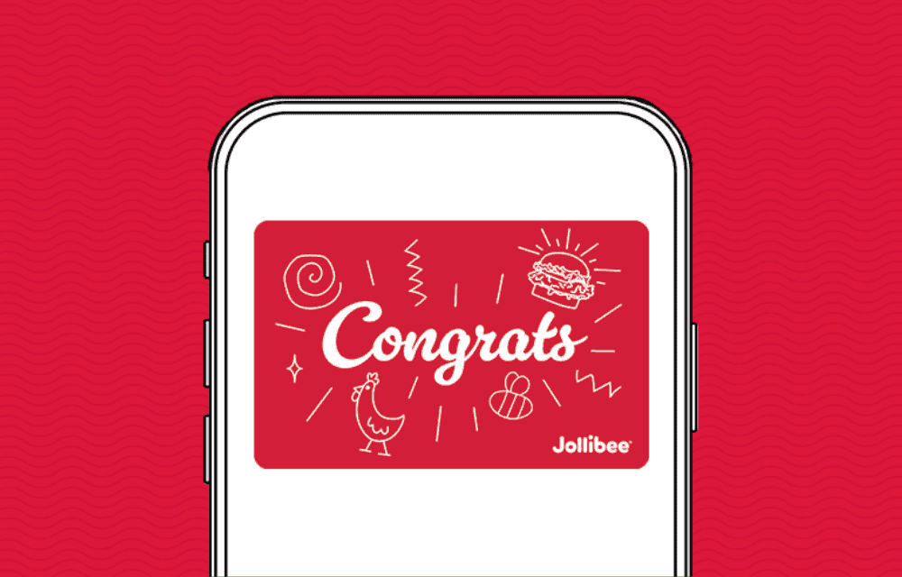 Jollibee digital gift card with a Congrats text on it on a red background