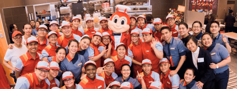 Group of Jollibee Employees with the Jollibee Mascot