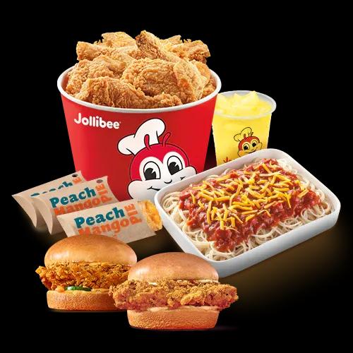 Jollibee Fried Chicken, Sandwich, Spaghetti, Peach Mango Pies and Pineapple Quencher.