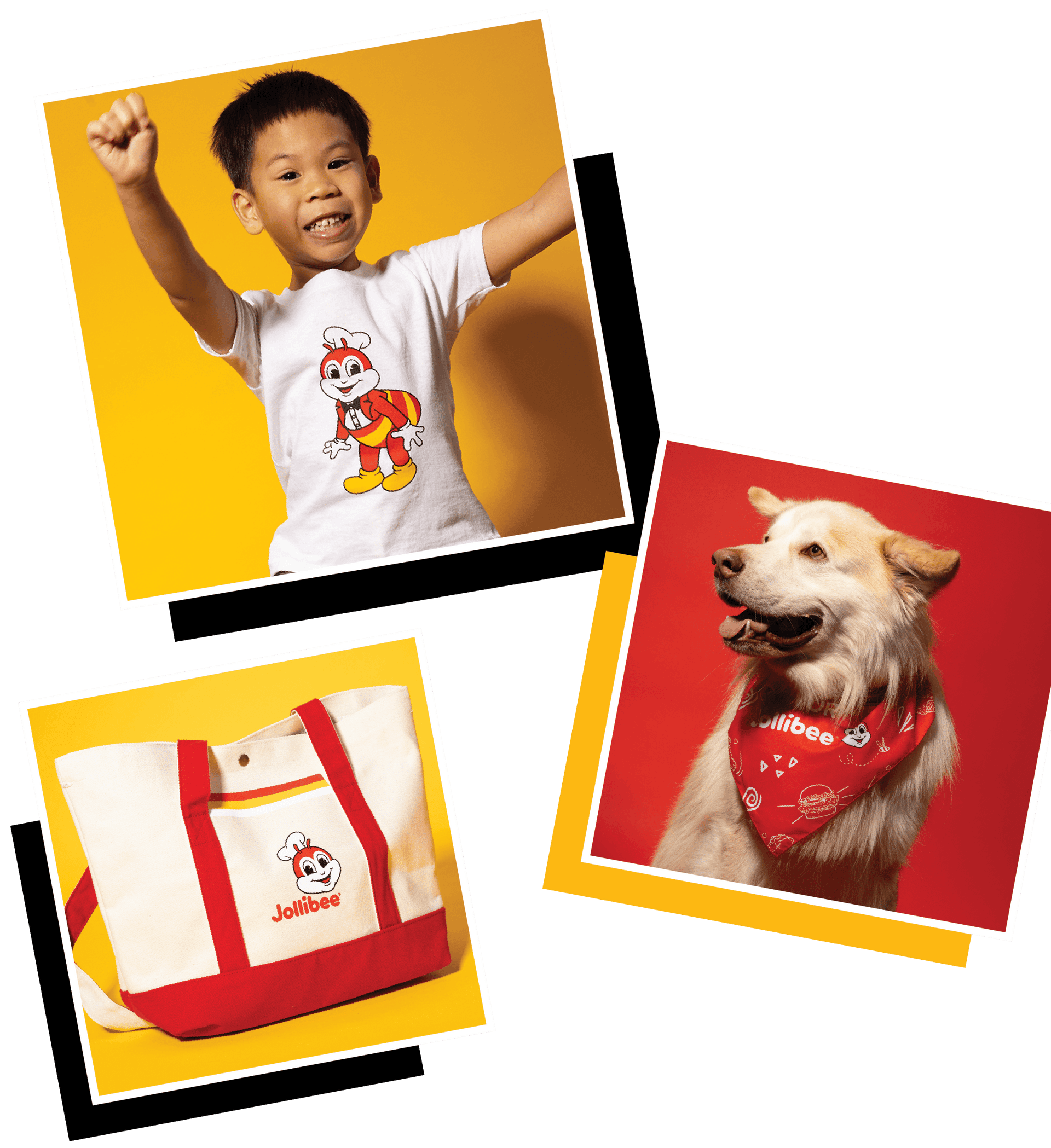 Jolly Merch Shop Kid Mascot Tee, Two-Color Tote, and Red Dog Bandana