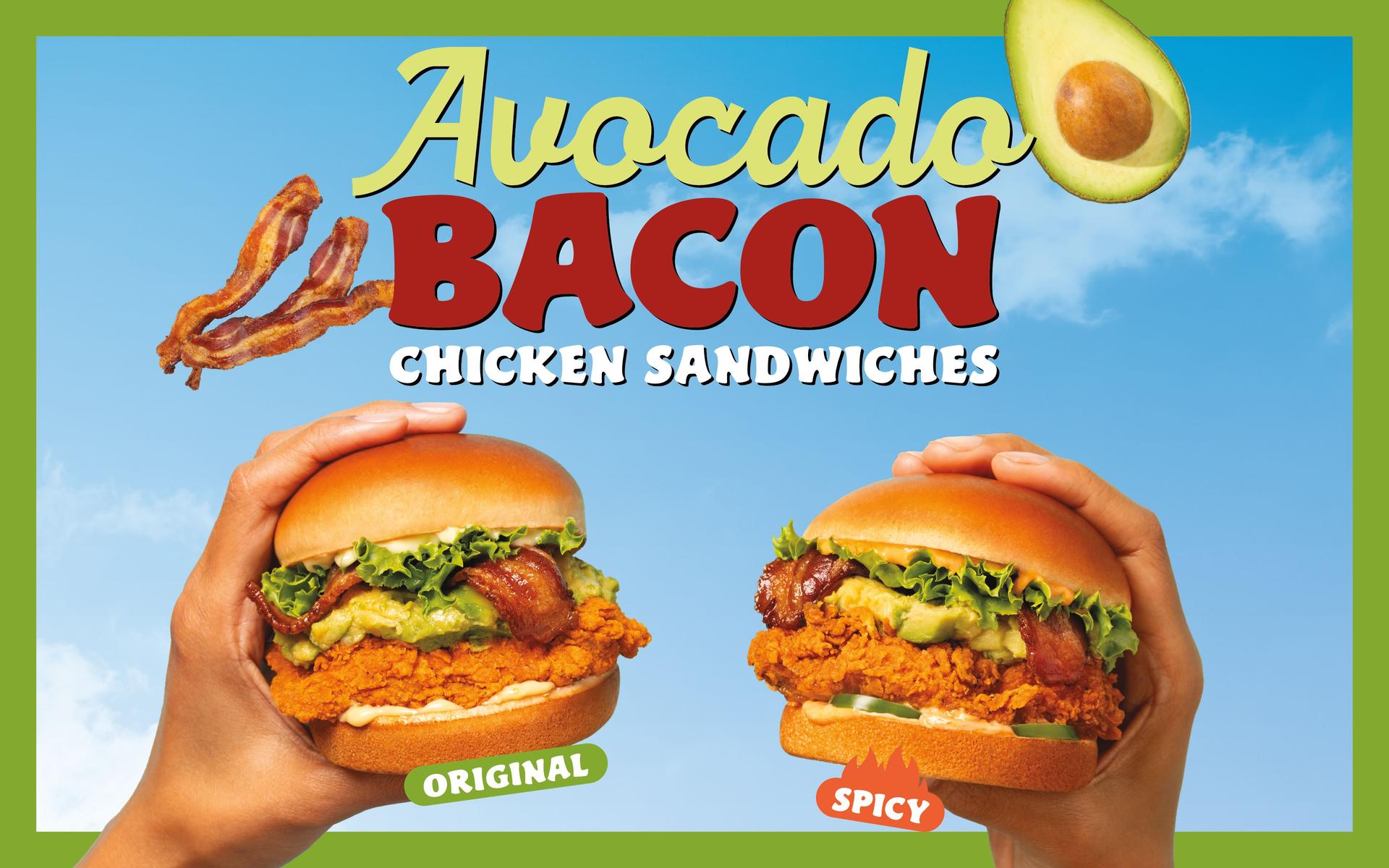 A graphic of two hands holding one chicken sandwich each with the text 'Avocado Bacon Chicken Sandwiches Original Spicy' on a light blue background.