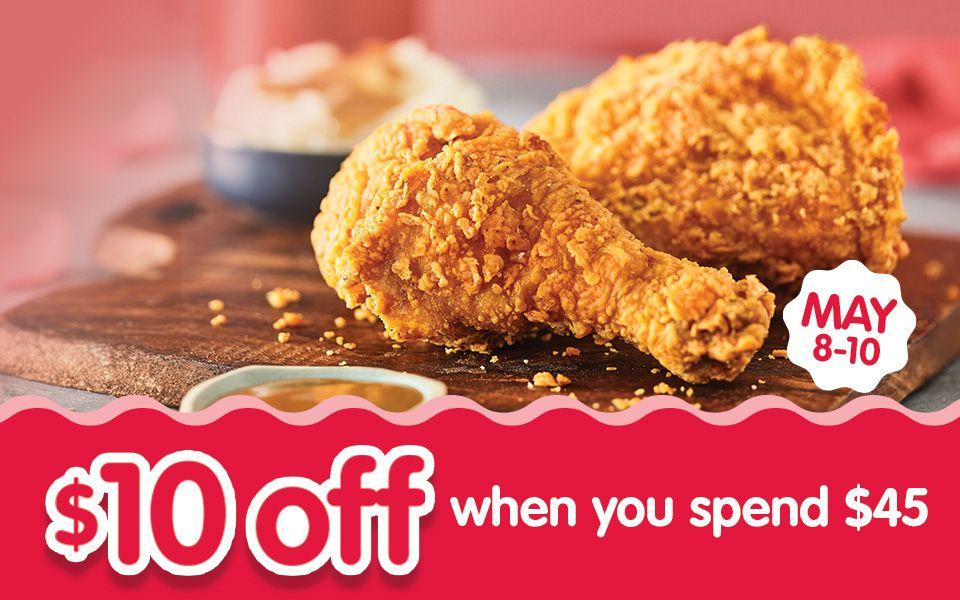 An image of two fried chicken pieces with a '$10 off when you spend $45' text and dates 'May 8-10' on a red background
