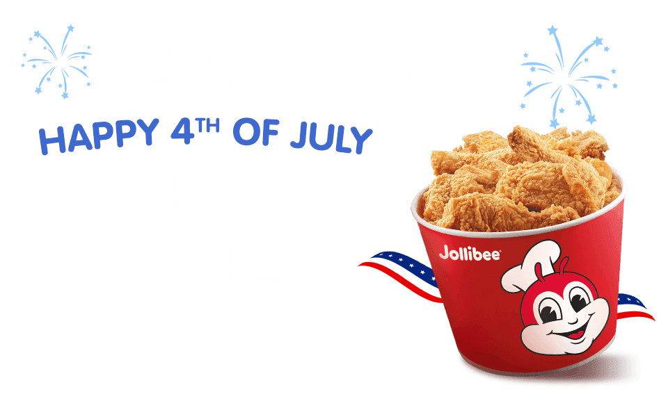 A bucket of fried chicken with Jolllibee Rewards logo and Get $10 off any $45 purchase purchase' text on a transparent background.
