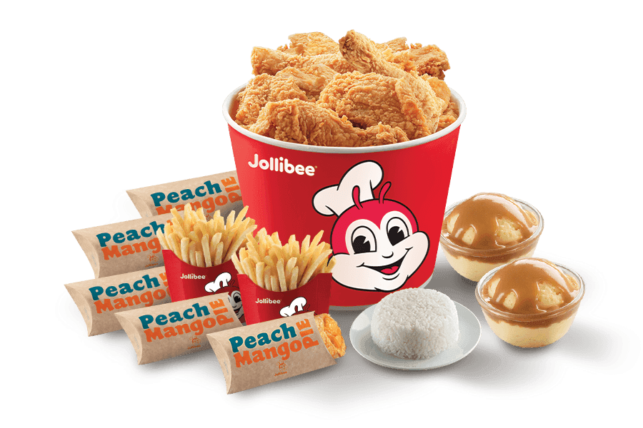 Jollibee fried chicken bucket with sides of fries, mashed potatoes, rice, and pies on a transparent background.