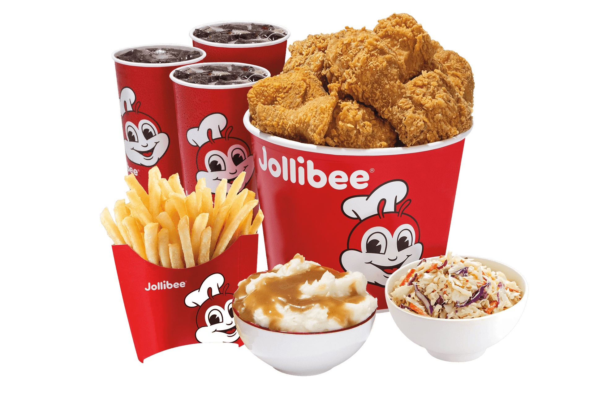 a bucket of fried chicken with three fountain drinks, french fries, mashed potato, and coleslaw on a transparent background.