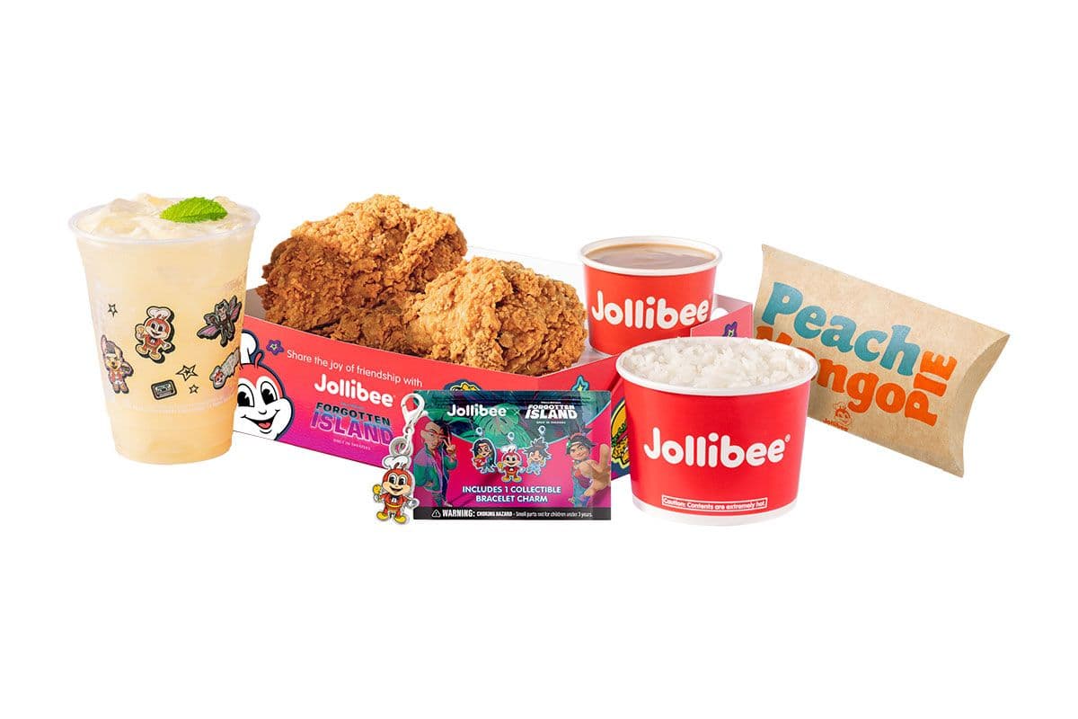 Jollibee x Forgotten Island fried chicken box meal on a white background.