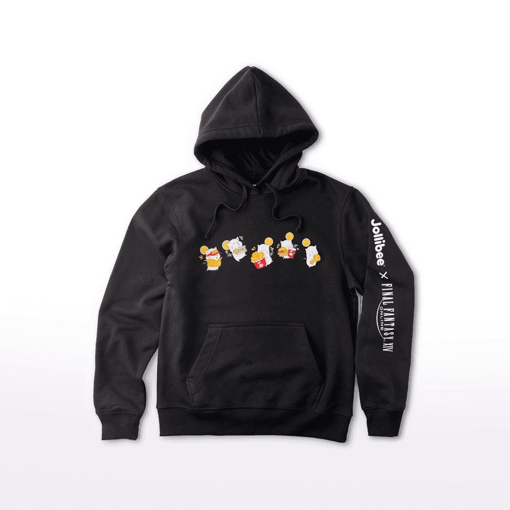 Jollibee x FINAL FANTASY XIV black moogle hoodie on a white background.