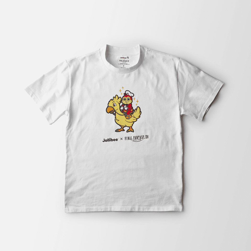 Jollibee riding on a chocobo white t-shirt on a white background.