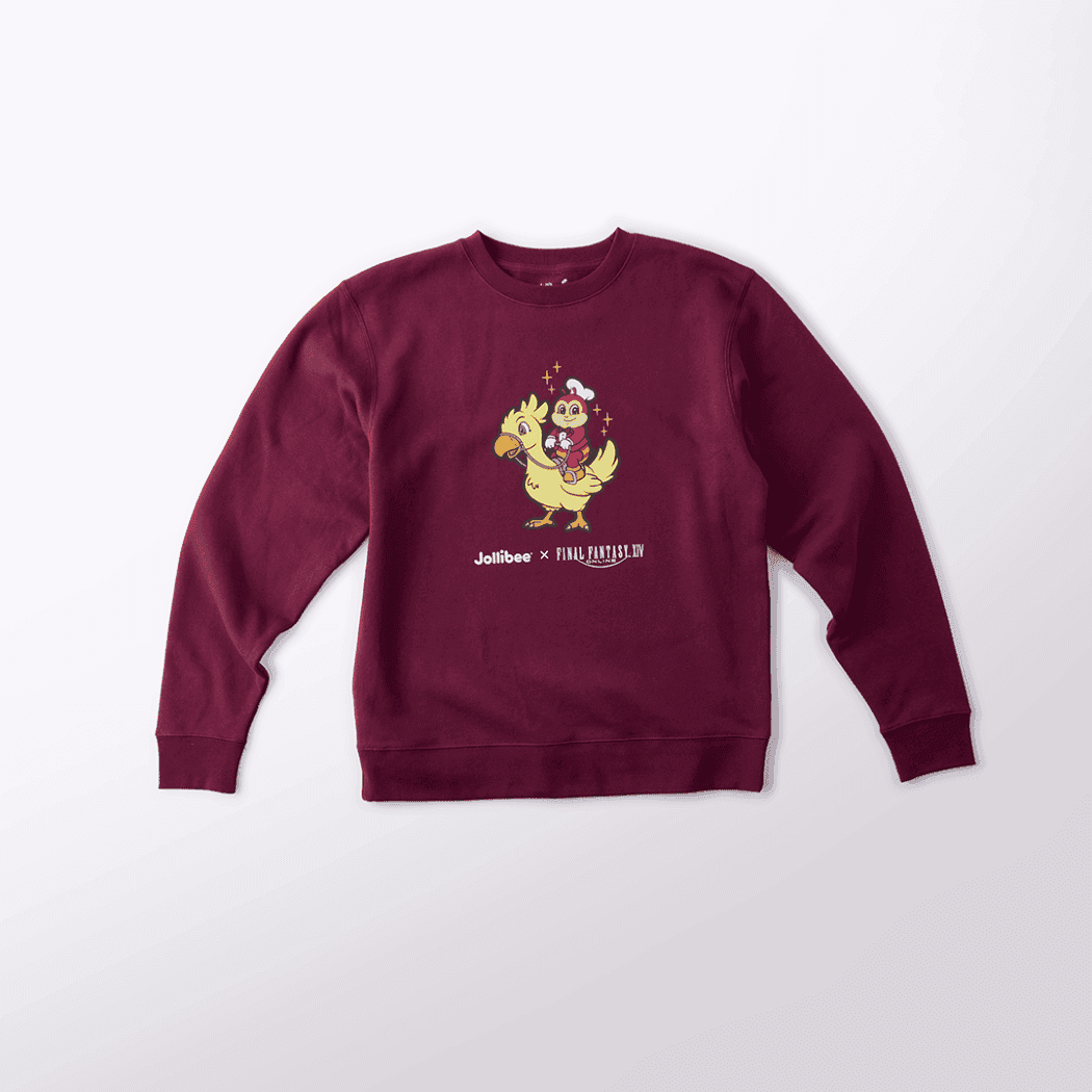 Jollibee x FINAL FANTASY XIV maroon chocobo crewneck sweater on a white background.