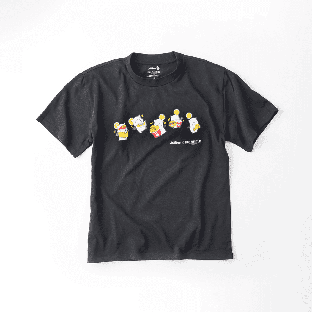 Jollibee x FINAL FANTASY XIV black moogle t-shirt on a white background.