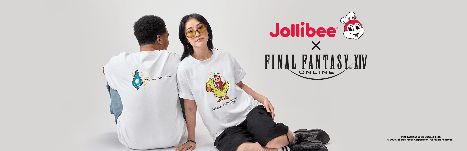 Two people wearing Jollibee white t-shirts with Jollibee x FINAL FANTASY XIV logo on a white background.