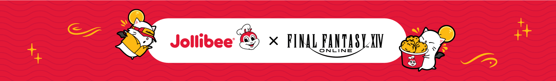Graphic with Jollibee x FINAL FANTASY XIV collab logo and a couple of moogles on a red background.