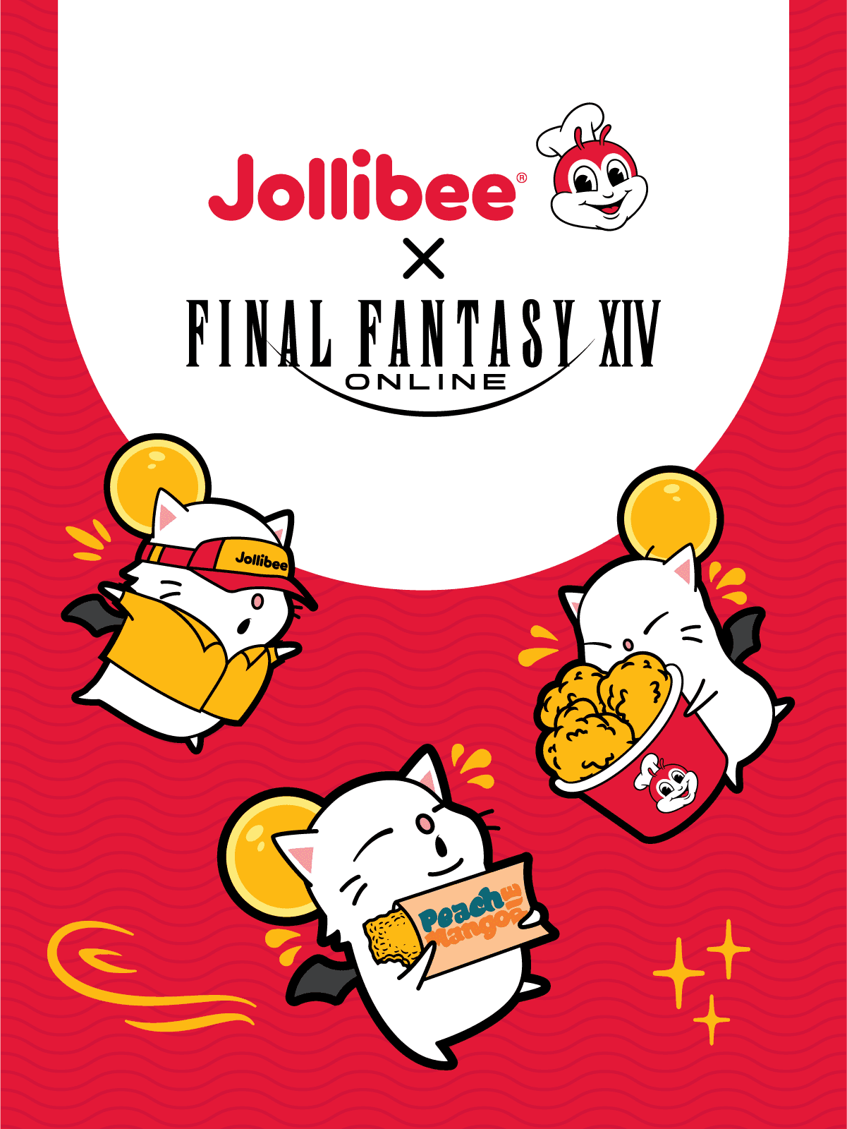 Graphic with Jollibee x FINAL FANTASY XIV collab logo and a couple of moogles on a red background.